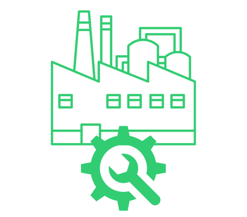 Simbolo de uma engrenagem e uma chave inglesa e ao fundo a representação de uma indústri.