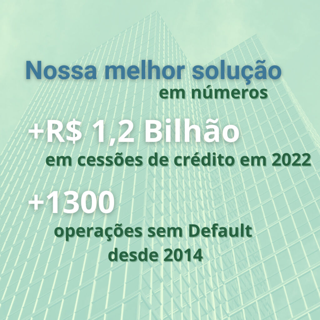 Nossa melhor solução em números. Mais de um virgula dois bilhões de reais em cessões de crédito em dois mil e vinte e dois. Mais de um mil e trezentas operações sem default desde dois mil e quatorze.